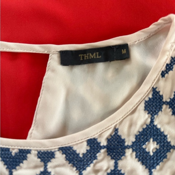 THML Women’s Orange Red Keyhole Halter Blue Embroidered Shift Dress Size M - Picture 10 of 11